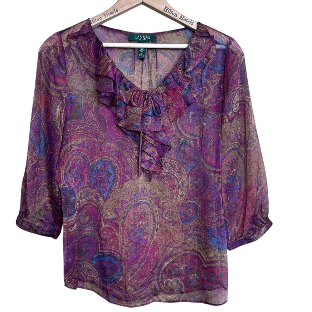 Lauren Ralph Lauren P/L Sheer Ruffle 3/4 Sleeve Purple Paisley Blouse